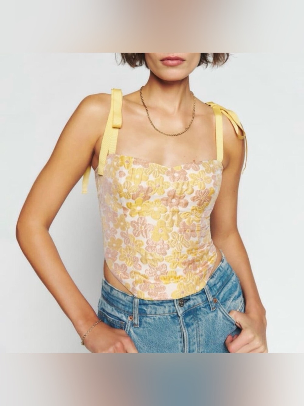 Reformation | Karoline Corset Floral Tie Crop Top in Color-Sunshine Bloom Size 0